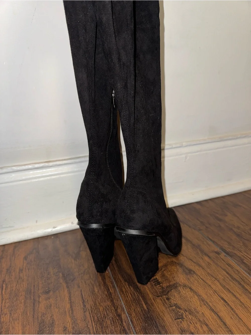 Black Over-the-Knee Suede Heel Boots - Women's